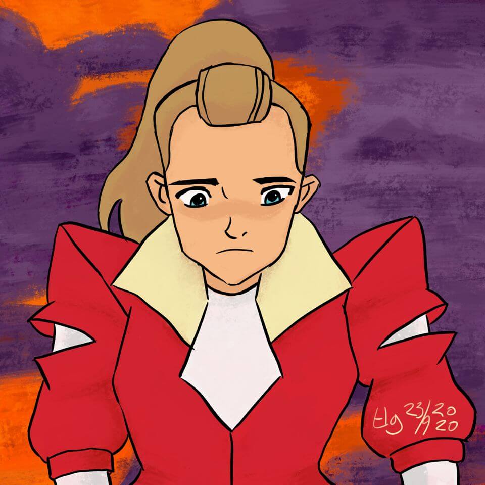 Drawing / painting of Adora from She-Ra and the Princesses of Power. She looks down and sad.