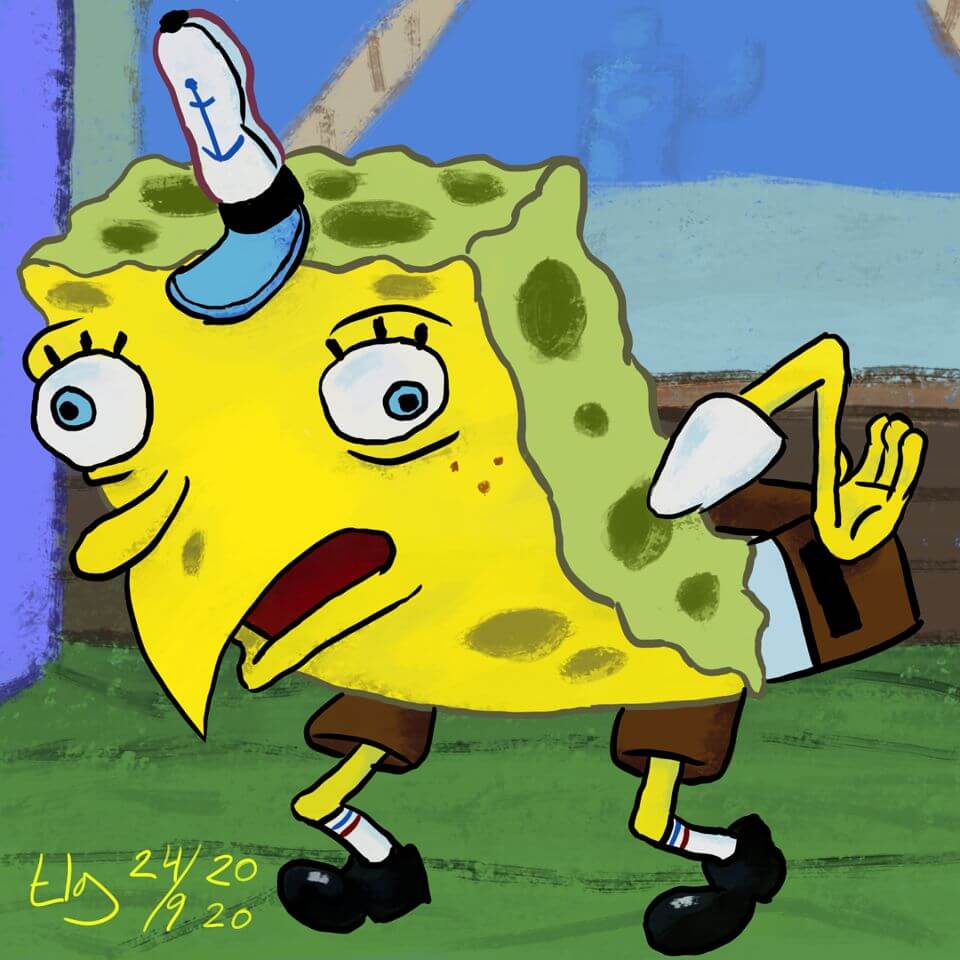 Painting of the mocking Spongebob meme.