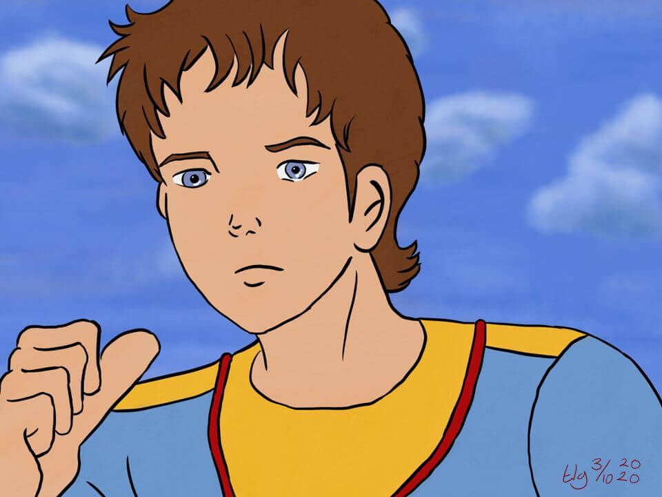 Painting of Scott Trakker, son of Matt Trakker, the lead character in the '80s cartoon M.A.S.K. He's pointing to himself with his thumb. It's all up to him.
