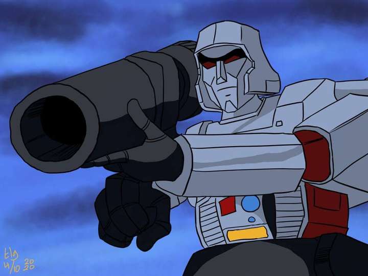 The finished and colored version. He is holding up his big signature gun, ready to fire.