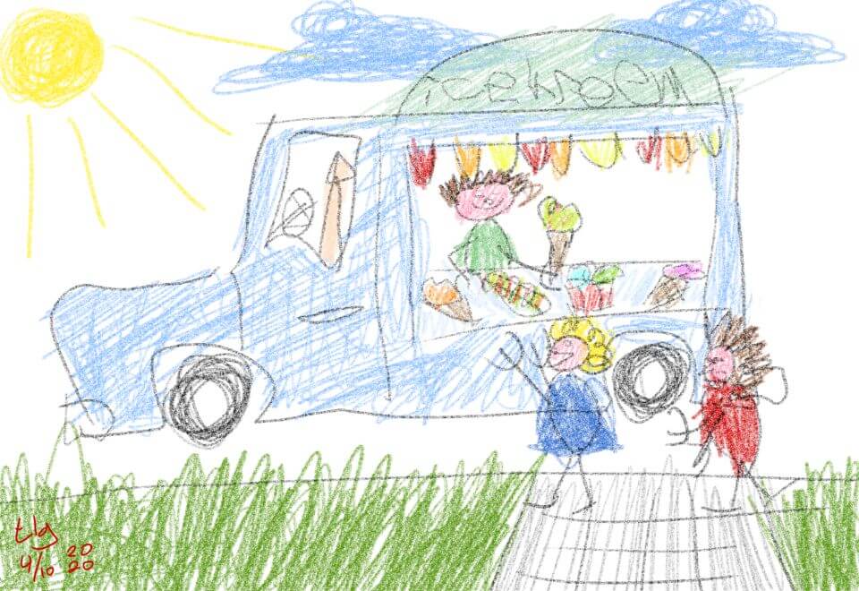 Crude drawing in crayon in the style of a young child. Pictured is an ice-cream truck with a man inside handing the kids in front an ice-cream cone.