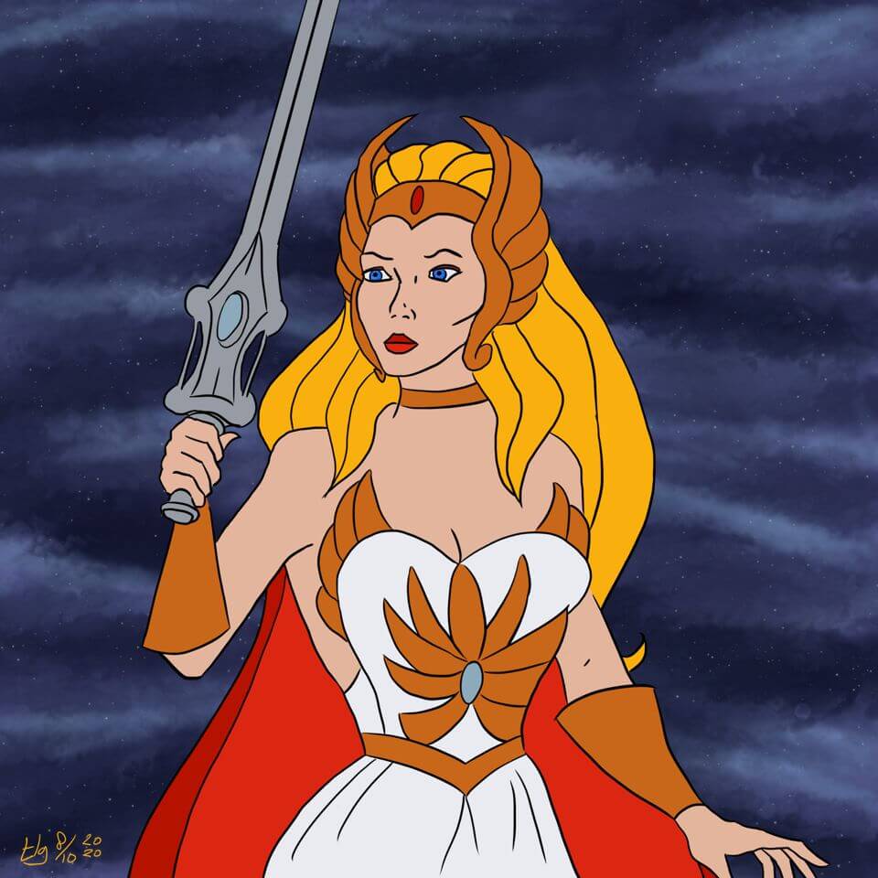 Drawing of 'Classic' She-Ra from the '80s television show. She's holding her iconic sword up.