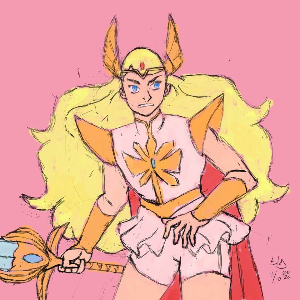 Rough colored sketch of She-Ra from the Netflix show.