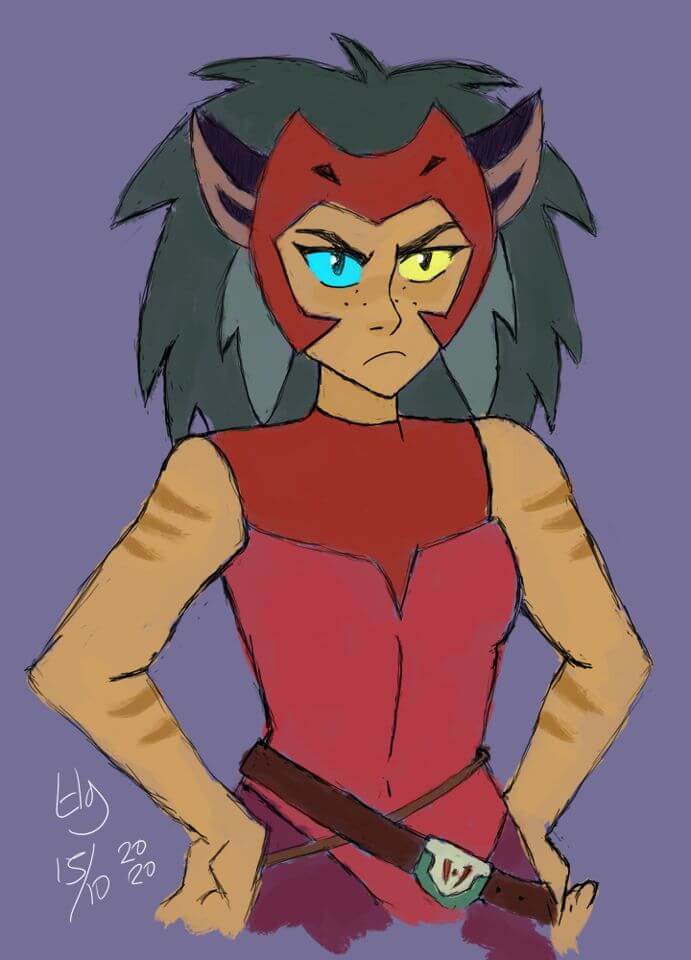 Rough colored drawing of Catra from the Netflix show She-Ra and the Princesses of Power. She has her hands on her hips and doesn't seem amused.
