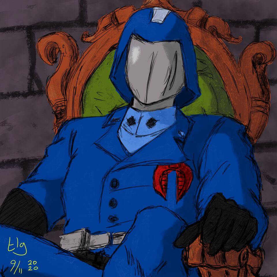 Man in full blue uniform and helmet with a silver visor that completely covers his face. He's sitting on a fancy chair. Definitely not a good guy.