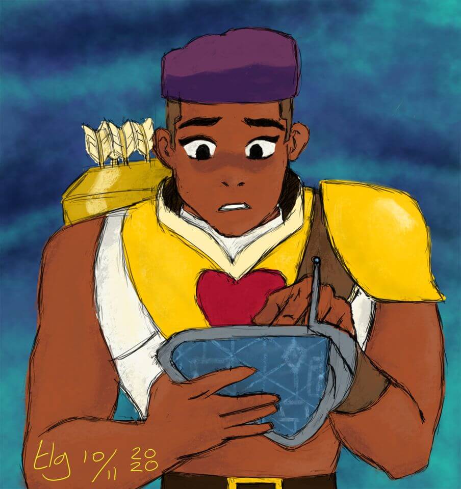 Bow holding a weird-shaped tech pad. He looks concerned? (This is his default state, really.)