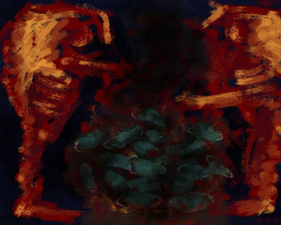 Two demon-like creatures dumping masks on a pile and lighting them on fire.