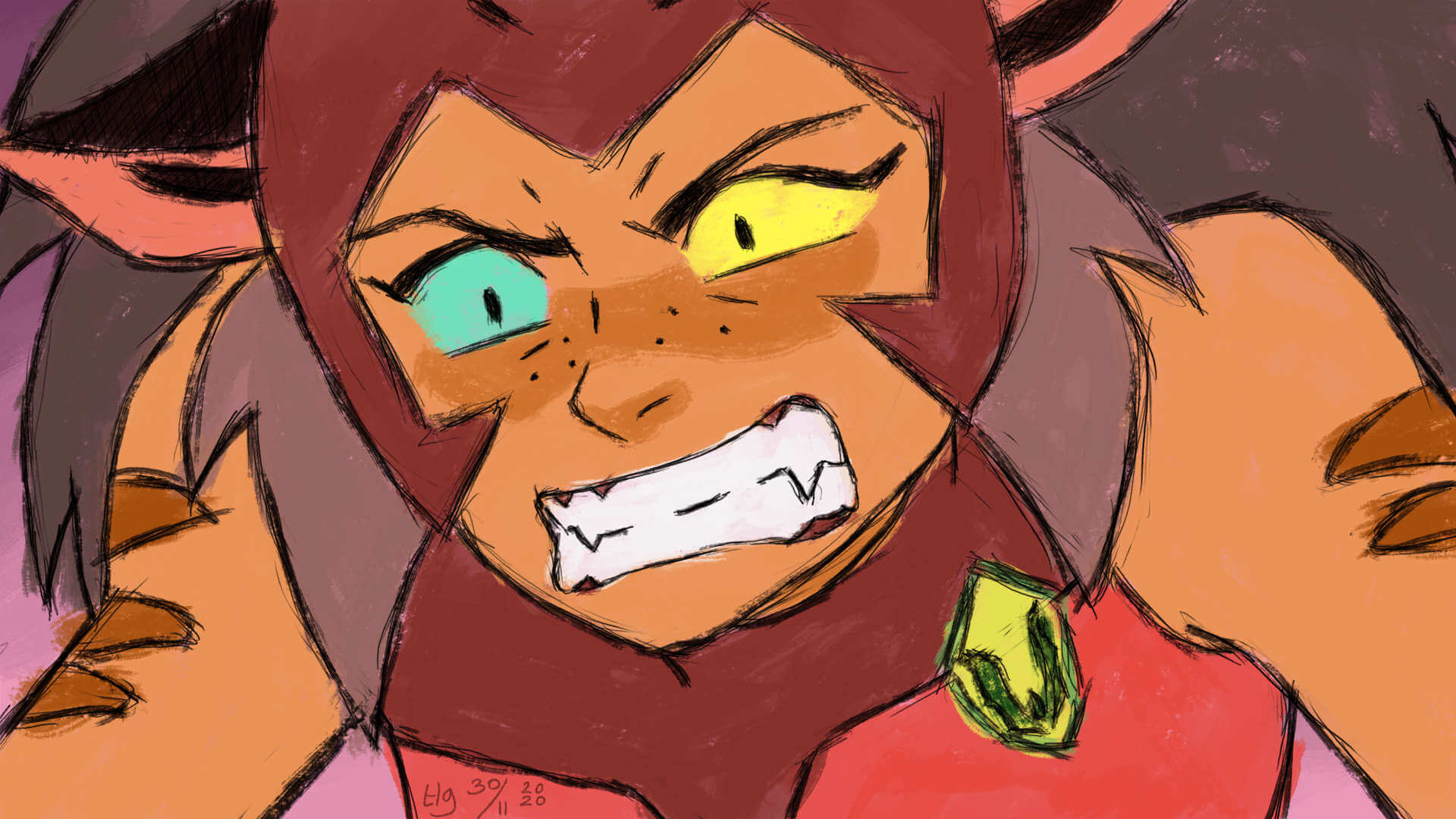 Extreme close-up of a very angry-looking Catra from the Netflix She-Ra and the Princesses of Power series. She's baring her sharp, pointy teeth.