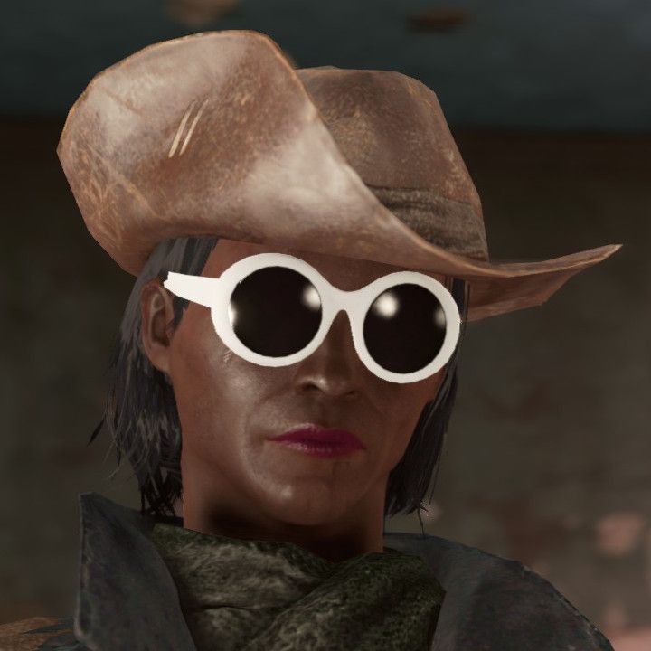 Portrait of my Fallout 4 character, Alex. An older black woman with big white rimmed sunglasses, and a minuteman hat.