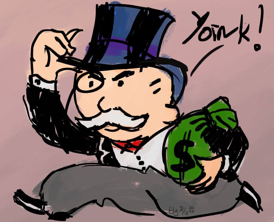 Quick painting of the Monopoly Guy running with a bag of money, saying "Yoink!"
