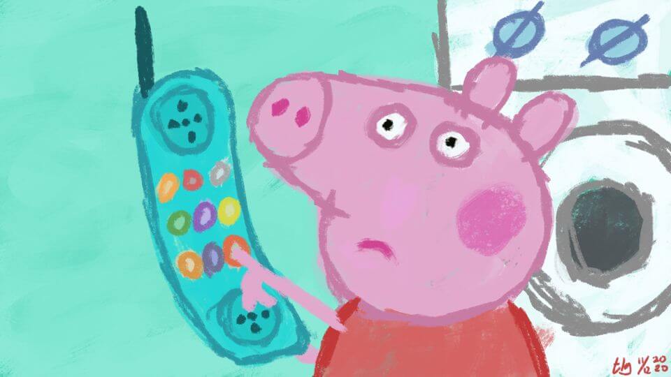 Peppa Pig has her finger on the disconnect button on the phone.