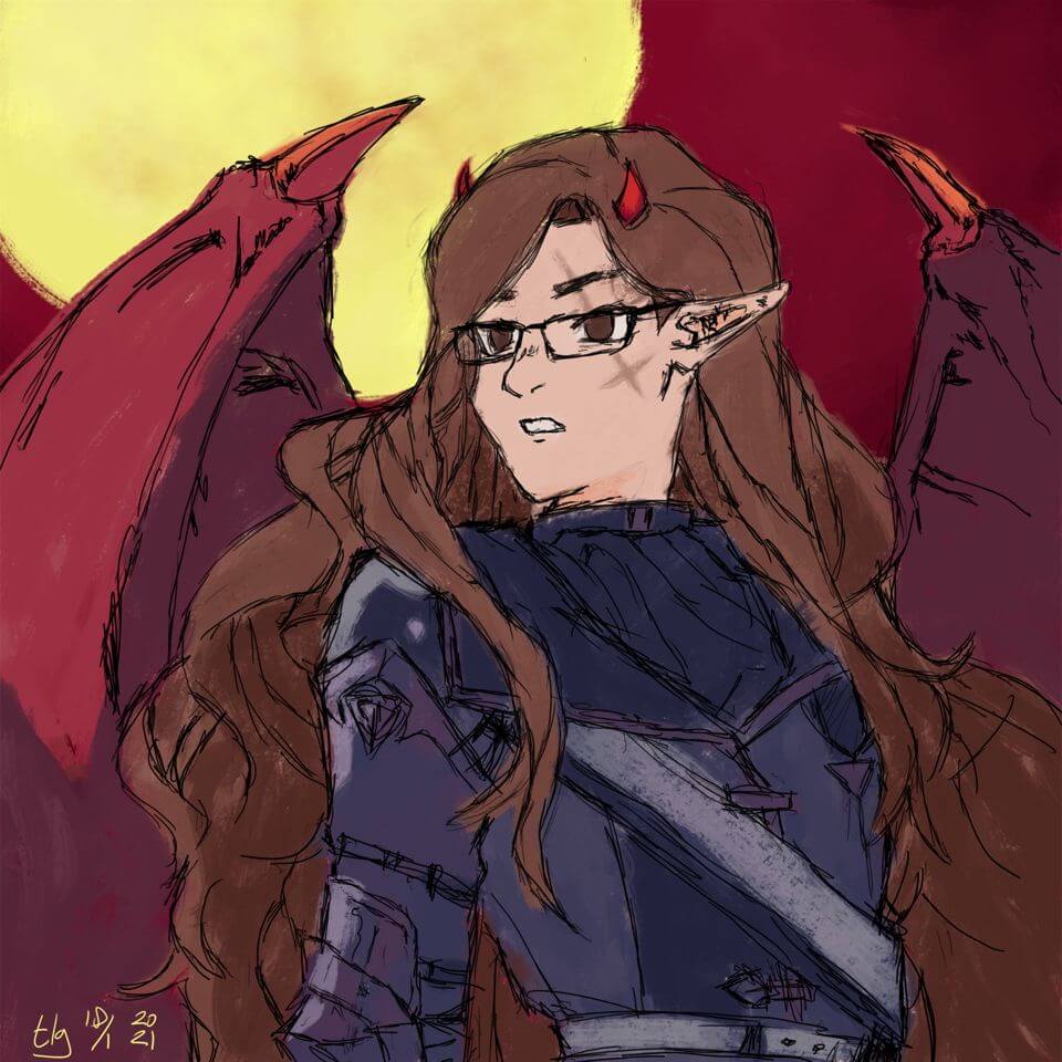 Painting of a generated Picrew avatar of a longhaired woman with glasses, short horns, demonic wings, and what appears to be battle armor.