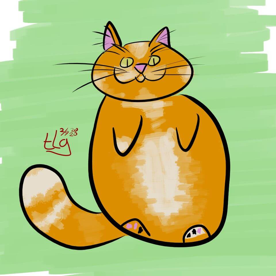 Simple colored drawing of an orange tabby cat on its back.